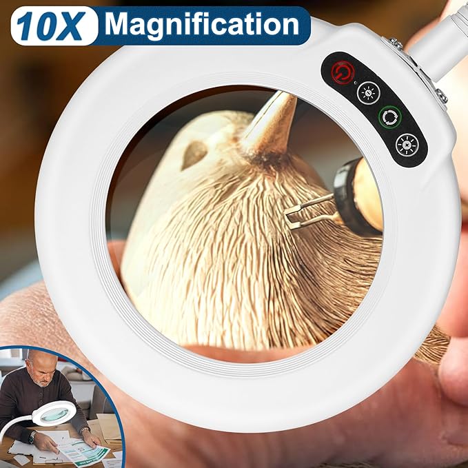 10X Magnifying Glass with Light, Real Glass Lens, 5 Color Modes Dimmable, Flexible Gooseneck Lighted Magnifier with Stand, LED Desk Lamp Hands Free for Crafts Painting Reading Close Work, White