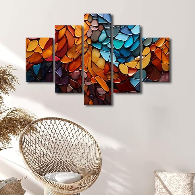 Canvas Wall Art Decor Modern Living Room Wall Art Abstract Colorful Mosaic Style Poster Prints on Canvas 5 Panel Home Wall Art for Bedroom Wall Decor Stretched and Framed Ready to Hang 60x40 in