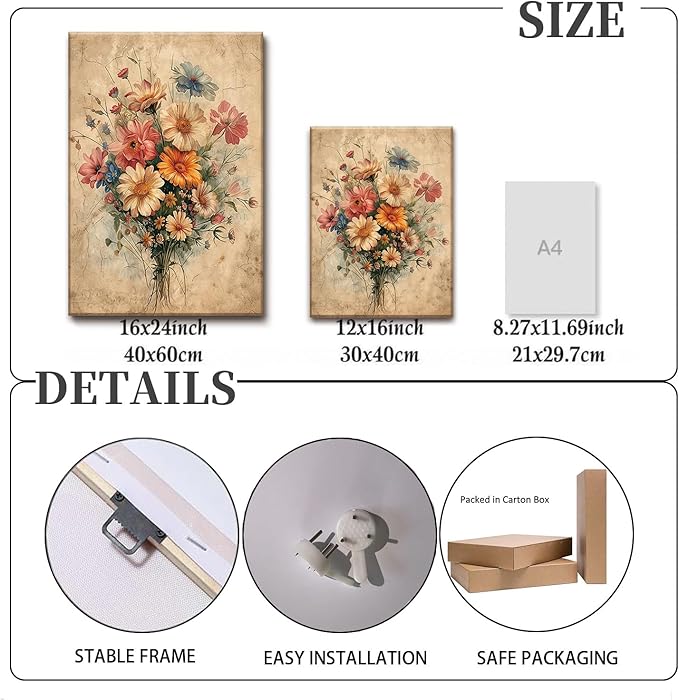 KISSFOX Framed Colorful Wildflower Canvas Wall Art Set Of 3 Flowers Pictures Prints Flowers Printing Floral Watercolors Flower wall Decor Living Room Girls Bedroom Bathroom