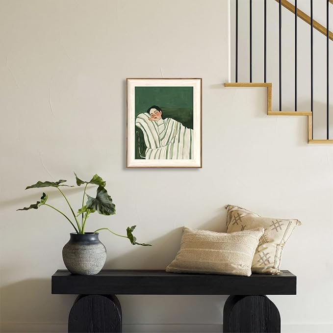 ASTRDECOR Minimalist Framed Wall Art - Cozy Woman Sleeping on Couch, Emerald Green & White Striped Blanket, Modern Aesthetic Bedroom or Living Room Décor, Eclectic Canvas Art Prints for Apartment 10x12Inch