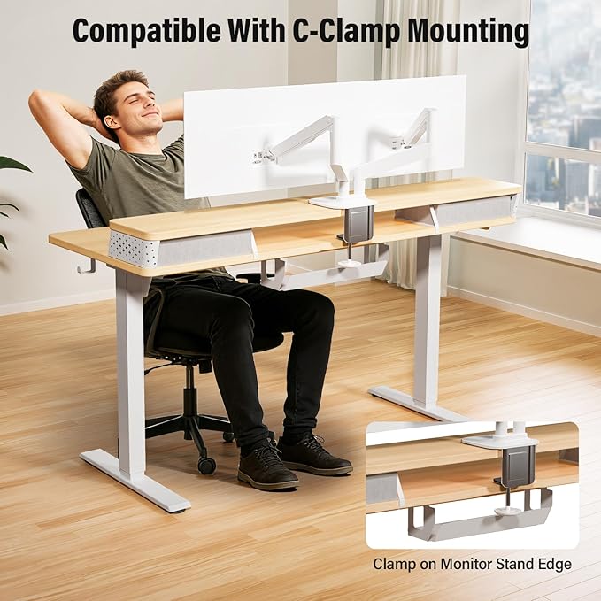 Kingant 48 x 24 Inch Electric Standing Desk with 4 Drawers, Height Adjustable Sit to Stand Computer Desk with Storage Shelf and C-Clamp Mount Compatibility for Home Office, Nature