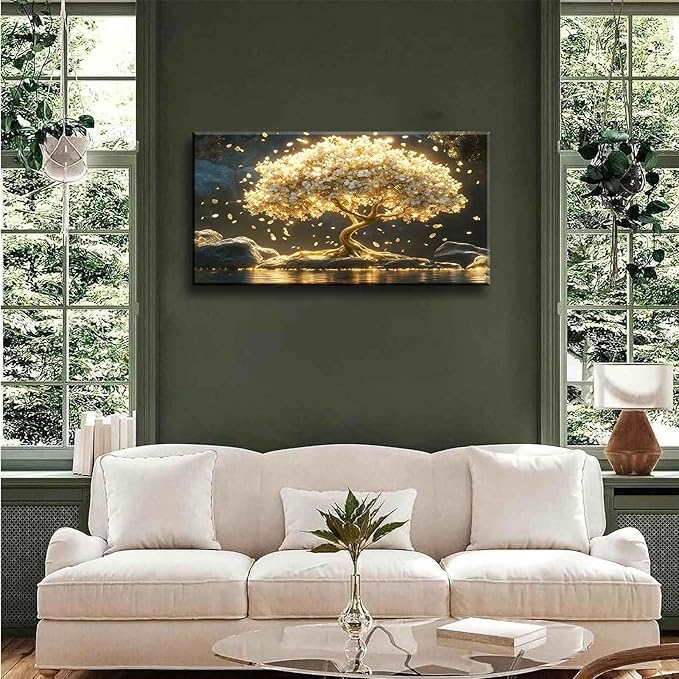 Large Tree of Life Canvas Wall Art Abstract Gold Tree Mountain Lake Decor painting Pictures Nordic Golden White Flowers Posters Prints for living room Bathroom Bedroom Office Hallway Home Decoration