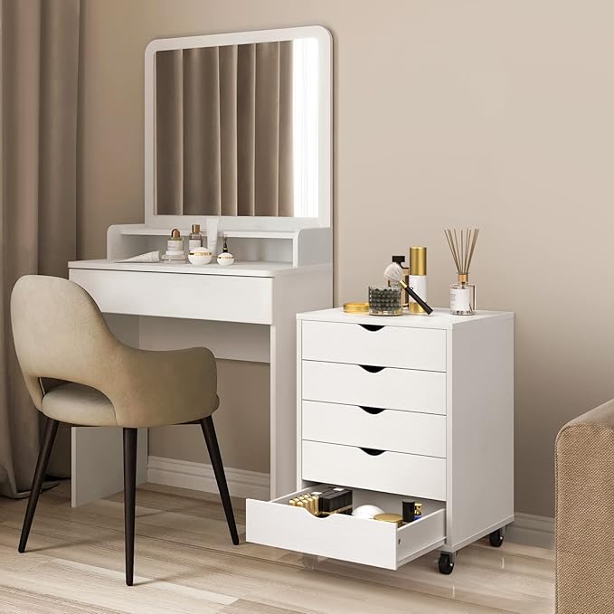 DWVO Home Office Printer Stand with Wheels, Printer Tables with File Drawer and Charging Post, Mobile Lateral Filing Cabinet with Open Storage Shelf for Letter/Legal/A4 Size Files, White