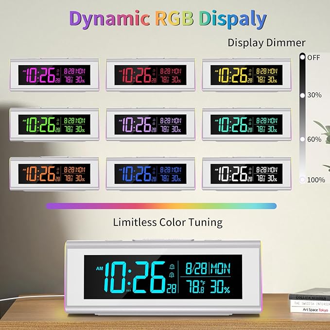 Alarm Clocks for Bedrooms, LED Desk Clock with RGB Night Light, Brightness Dimmer, Date, Week, Temperature Large Display, Modern Decor for Desk, Office, Gift for Kids, Teen, Adults (Silver)