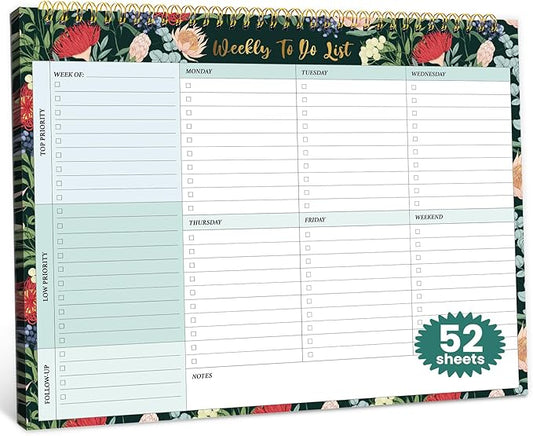 Weekly To Do List Notepad with 52 Undated Sheets（8.5"×11"）- Undated Weekly Planner Notepad for Office Desk Accessories and Supplies - Sage Blossom