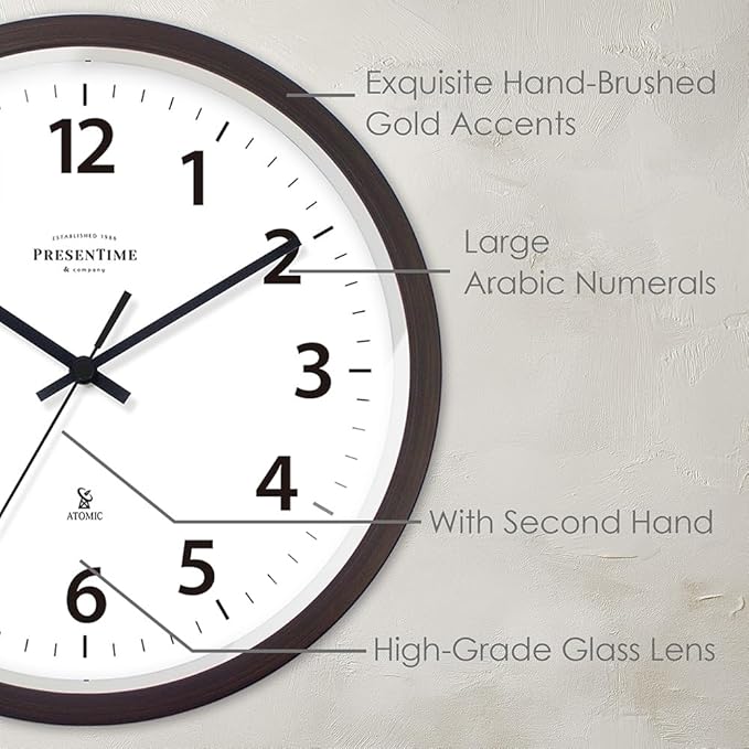 Presentime & Co 10" Atomic Wall Clock, Silent no Ticking, Automatically Sets Itself and Adjust to Daylight Saving Time by WWVB - Oil Rubbed Bronze Finish. (Home Office)