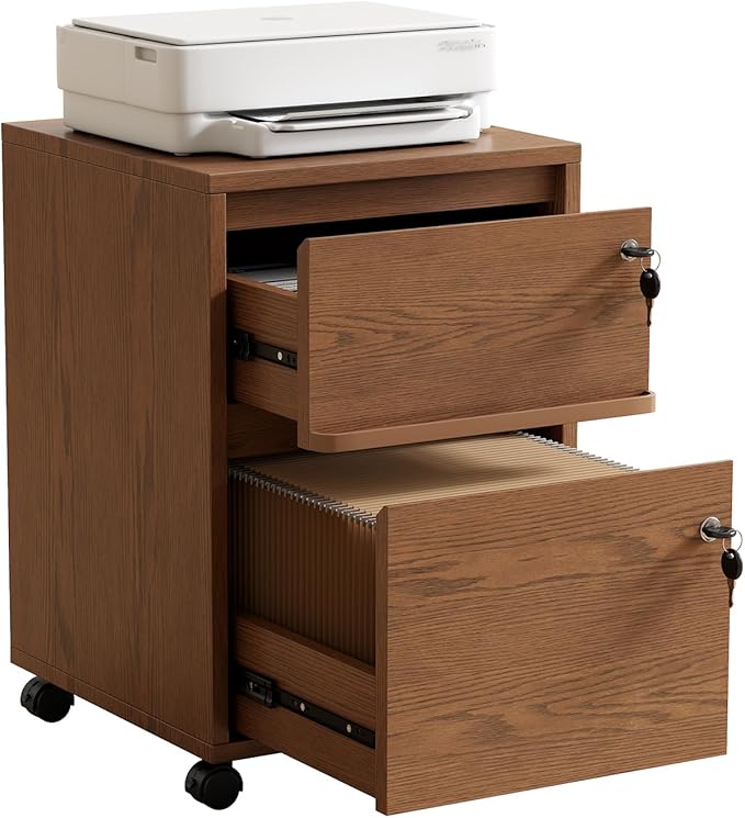 KungFuWood Wheeled Double-Drawer Filing Cabinet, Lockable Metal Filing Cabinet, Suitable for Home Offices or Storage cupboards for Storing Legal documents or Letter-Sized Files.