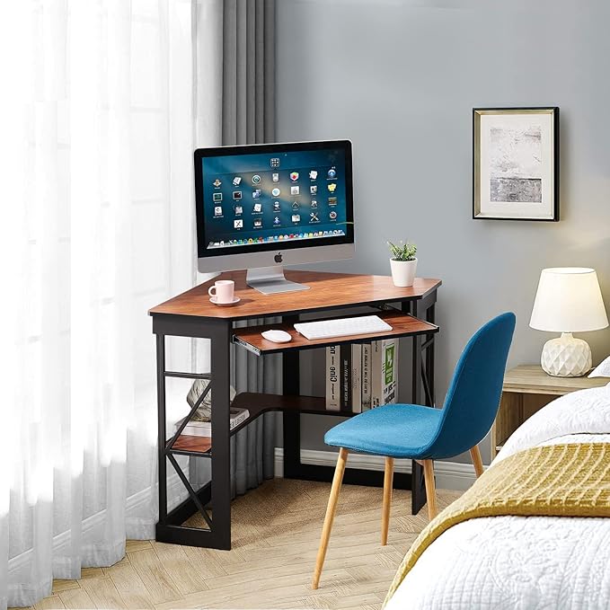 VECELO Corner Computer Desk 41 x 30 inches with Smooth Keyboard & Storage Shelves for Home Office Workstation, Teak