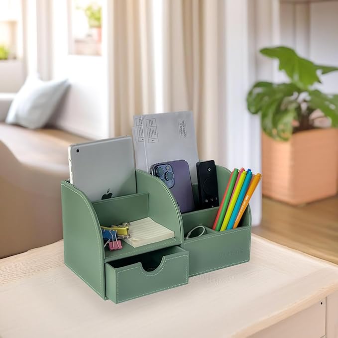 UnionBasic Desk Organizer - Multifunctional Leather Desktop Pen Holder Storage Box - Business Card/Pen/Pencil/Mobile Phone/Stationery Holder, Malachite Green