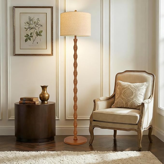 Wood Floor Lamp for Living Room,Bedroom,Vintage Farmhouse Mid Century Standing Lamp with Remote,Dimmable Rustic Industrial Tall Lamp Retro Floor Light Boho Bohemian