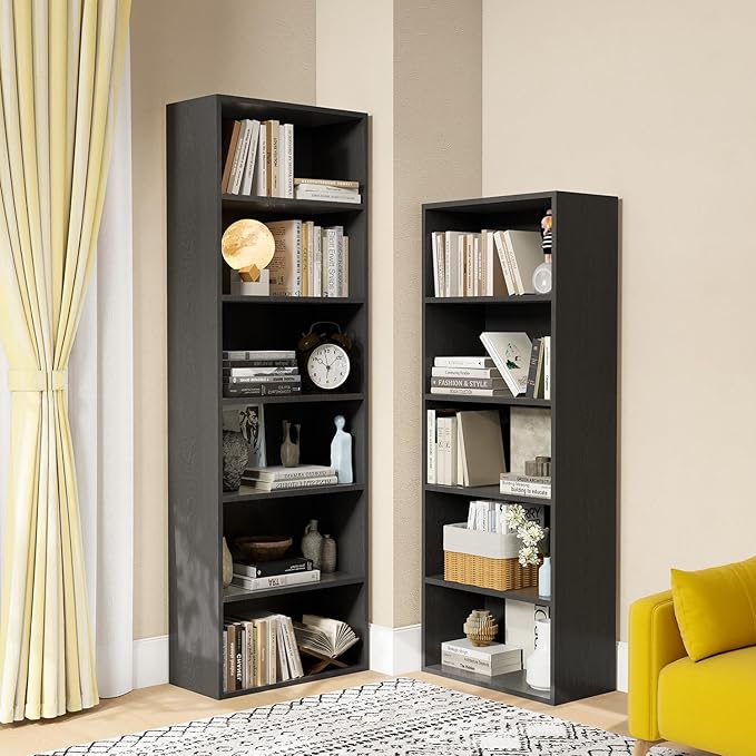 MXV Bookshelf, 6-Tier Open Bookcase, Storage Shelves, Display Storage Shelves, Floor Standing Unit, Home Decor, Furniture for Home Office, Living Room, Bedroom, Black