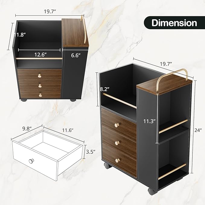 3 Drawer Mobile File Cabinet, Wood Rolling Filing Cabinet with Lockable Wheels, Utility Cart with Open Storage Shelves Home Office Fits A4/Legal, 19.7" x 11.8" x 26.3", Black Walnut