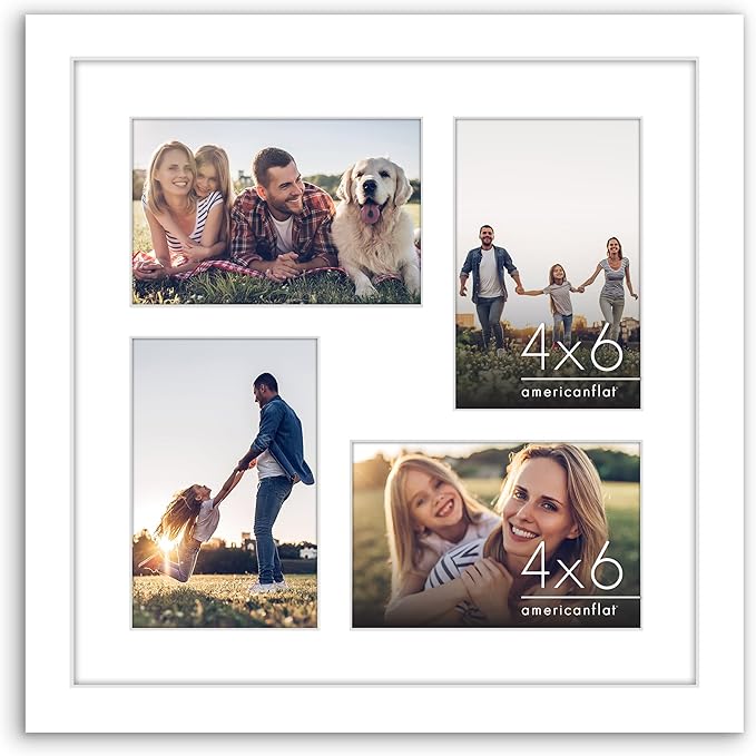 Americanflat 4x6 Collage Picture Frame with Shatter-Resistant Glass - Fits Four 4x6 Photos or Use as One 12x12 Picture Frame - Signature Collection - Collage Frames for Wall Display - White