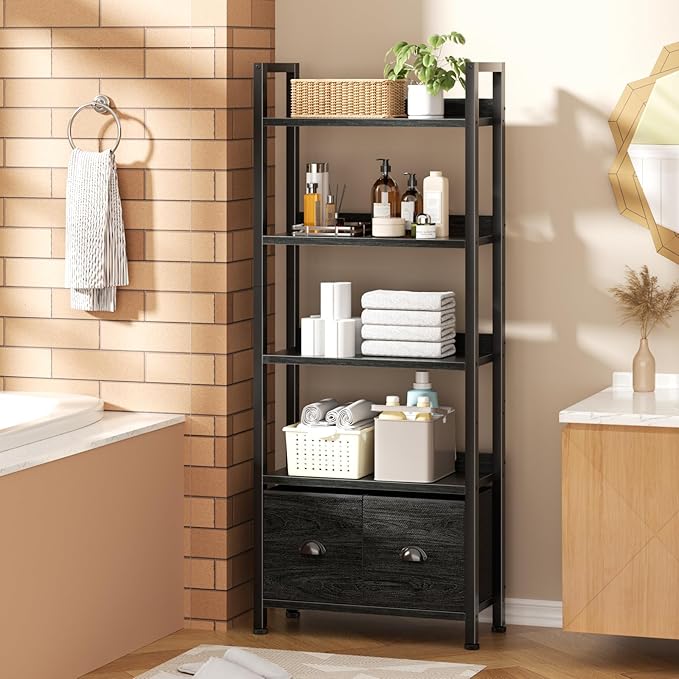 Furologee 5-Tier Bookshelf, Tall Bookcase with 2 Storage Drawers, Industrial Display Standing Shelf Units, Wood and Metal Storage Shelf for Living Room, Bedroom, Home Office, Black Oak