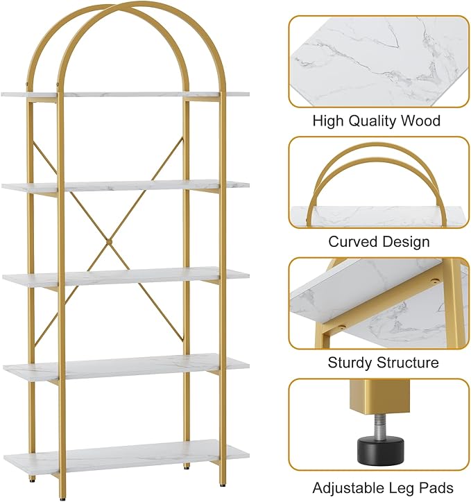 Arched Bookshelf 5 Tier Book Shelf, 31.5 Inch Width Industrial Arch Bookcase, Curved Tall Bookshelf with Open Shelves for Home Office, Living Room, Bedroom, Gold