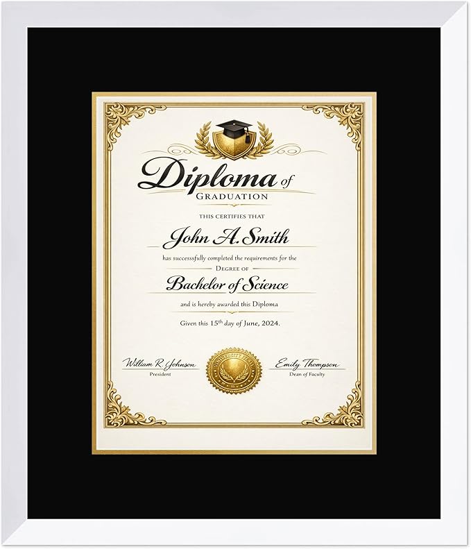 CountryArtHouse Diploma Frame Fits 11 x 14 College Diploma (Portrait) - Keepsake Graduation Display Bright White Genuine Hardwood with Black Over Metallic Gold Double mat