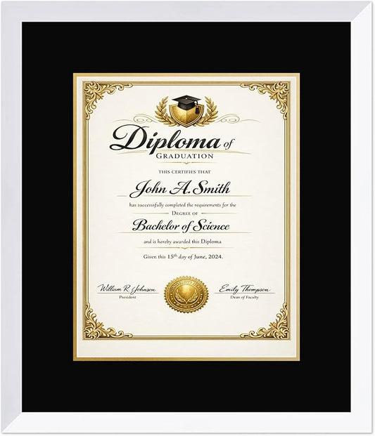 CountryArtHouse Diploma Frame Fits 11 x 14 College Diploma (Portrait) - Keepsake Graduation Display Bright White Genuine Hardwood with Black Over Metallic Gold Double mat