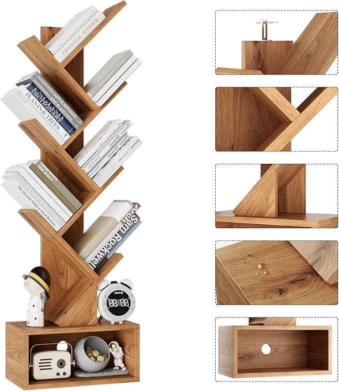 YMYNY 6 Tier Tree Bookshelf, Tall Bookcase, Wood Book Storage Rack with Drawer, Modern Floor Standing Book Shelf for Books/Movies/CDs, Utility Organizer for Living Room,Light Oak UHBC016K