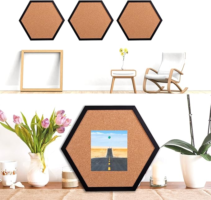 Cork Bulletin Board for Walls, 1/2" Thick Hexagon Pin Board for Walls with Frame, Black Small Corkboard with 10 Push Pins and 10 Wood Clips, Tack Board for Home Office and School 2Pack