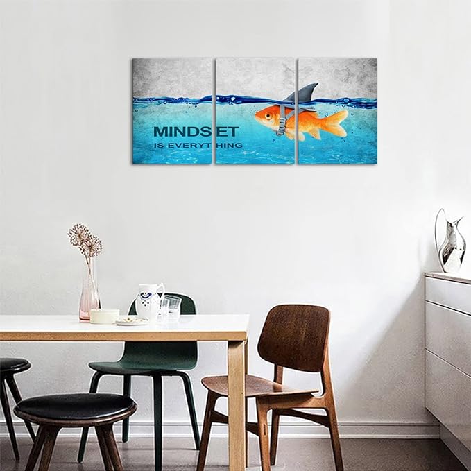 KAWAHONE 3 Panels Modern Framed Inspirational Quote Canvas Wall Art-Mindset is Everything Goldfish Strong Shark Motivational Posters Framed, Bathroom Bedroom Office Decor Framed Ready to Hang