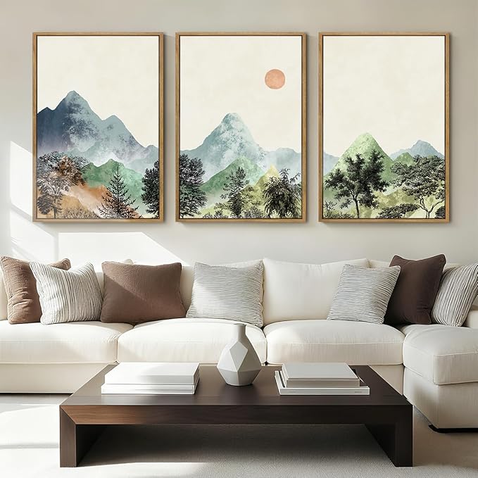 ANHUIB Mountain Wall Art 16x24 Inch Watercolor Landscape Wall Decor Sun Forest Painting Minimalist Pine Tree Artprint Nature Illustration Set of 3 for Living Room Dining Room Office