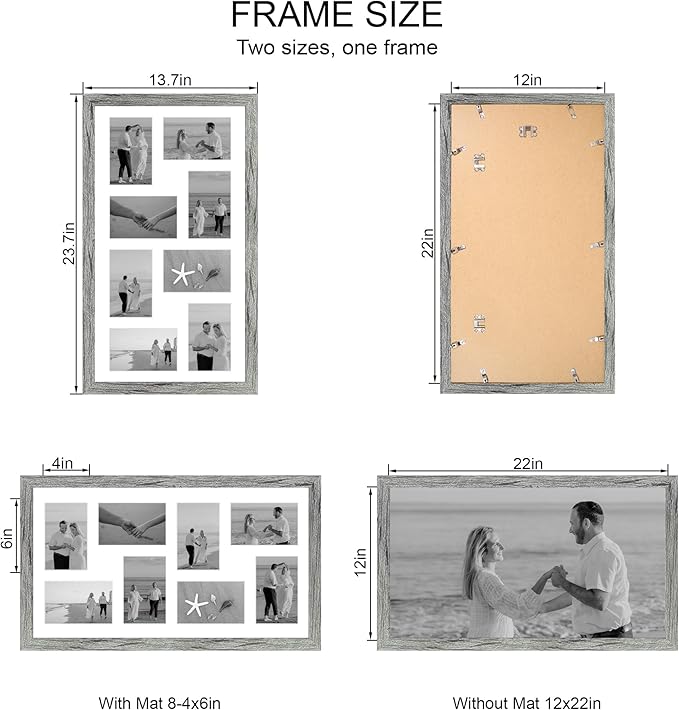 12x22 Picture Frame Set of 2, Grey with Glass Collage Frame, Display Eight Opening 4x6 Photos With Mat or 12 x 22 Newspaper Without Mat - Horizontal or Vertical Wall Mounting