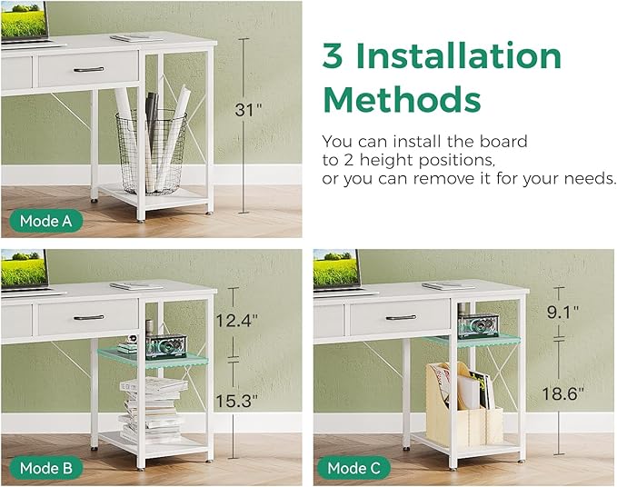 Coleshome Small Computer Desk with Drawers, 40 Inch Reversible Home Office Desk with Storage Shelves, Study Laptop Vanity Table for Bedroom Small Space, White