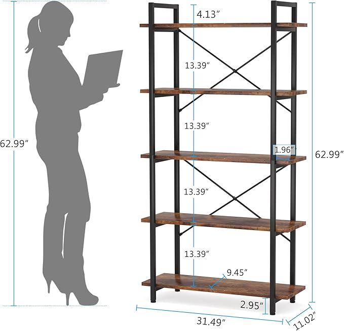 Tribesigns 5 Tier Bookshelf, Industrial Etagere Bookcase with Heavy-Duty Metal Frame, Rustic Tall Book Shelf Unit for Living Room, Study, Home Office (1, Rustic)