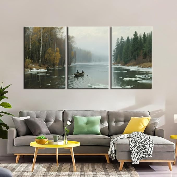 Mountain Scenery Wall Art Boat and River Landscape Canvas Poster Print Winter Natural Vintage Picture Painting Wooden Framed for Modern Home Hotel Wall Decoration Stretched and Framed [72''Wx36''H]