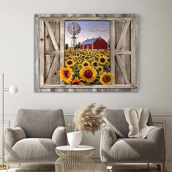 Parylore Sunflower Wall Art Canvas Print Rustic Wall Decor Sunflower Field Red Barn And Windmill Painting Framed Modern Artwork for Living Room Bedroom Bathroom Office Home Decor 16x24 In