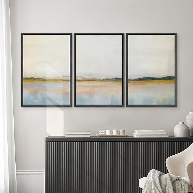 SIGNWIN Framed Canvas Print Wall Art Set Grunge Watercolor Pastel Lake Landscape Nature Abstract Illustrations Fine Art Decorative Nordic Rustic for Living Room, Bedroom, Office - 16"x24"x3 Black
