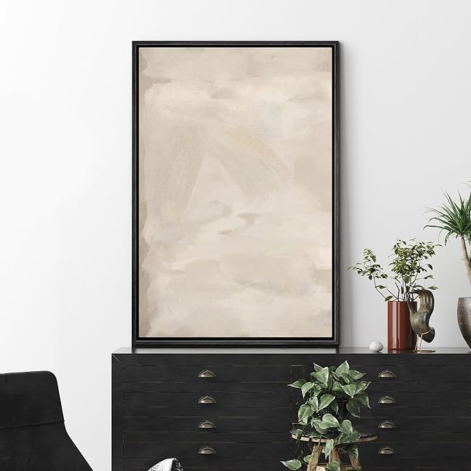 SIGNFORD Framed Canvas Print Wall Art Rustic Tan Paint Stroke Landscape Abstract Shapes Illustrations Modern Art Decorative Relax/Zen Nordic for Living Room, Bedroom, Office - 24"x36" Black