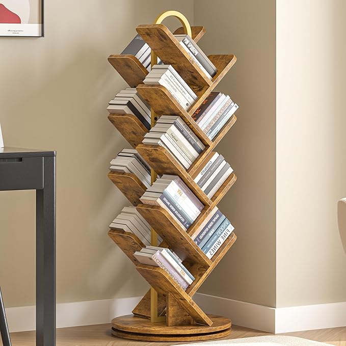 TVU 16-Tier Tree Rotating Bookshelf, 360 Degree Spinning Standing Bookcase for Magazines DVDs Books, Corner Bookcase for Living Room Bedroom Study, Rustic Brown