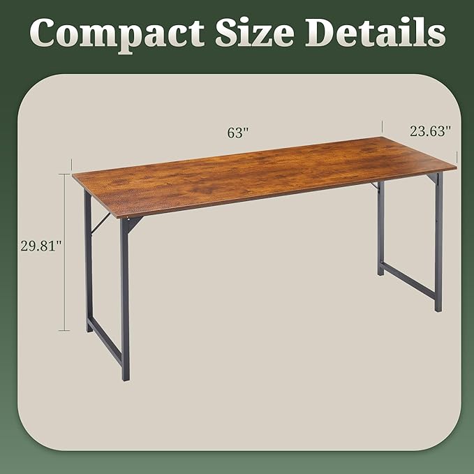 Computer Desk 63 Inch, Simple Large Home Office Desk Study Writing Table, Sturdy Metal Frame, Scratch-Resistant MDF Desktop for Bedroom Dorm Workspace, Brown