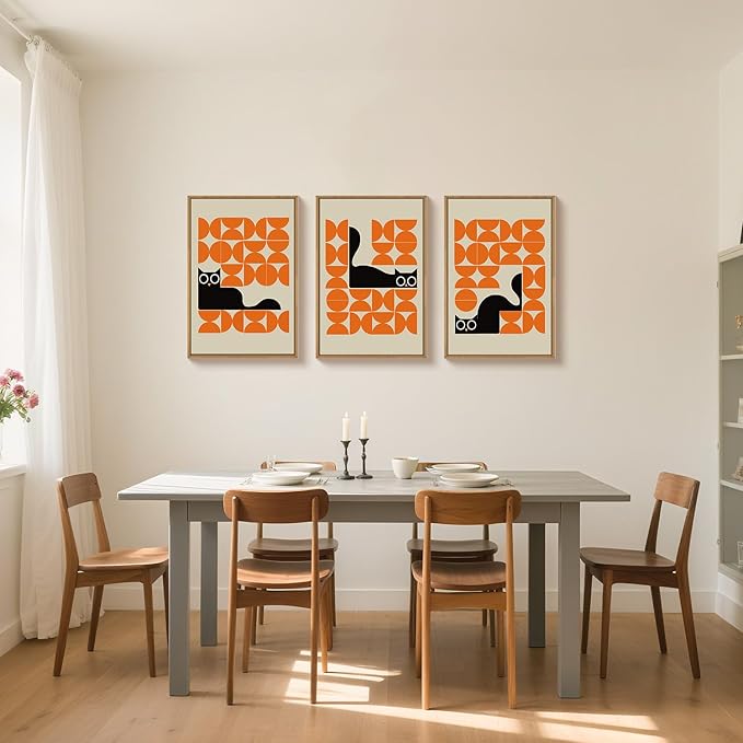 HOURIA Geometric Black Cat Framed Canvas Wall Art Set,Abstract Orange & Cream Wall Decor,Round Eyes Playful Kitten Wall Painting,Modern Animal Prints for Nursery,Living Room,Office - 16"x24"x3