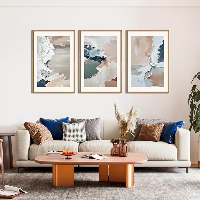 HPNIUB Large Modern Abstract Framed Canvas Wall Art Set, Minimalist Splash Ink Blue Pink Pastel Watercolor Wall Decor,Illustration Neutral Art Painting for Living Room,Dining Room,Office -16"x24"x3