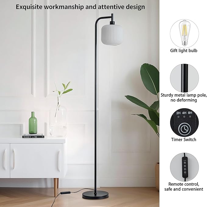 MAYNA Modern Industrial Floor Lamp, Frosted White Glass Standing Lamp with Built-in Timer Switch, Black Tall Minimalist Lamps for Living Room Bedroom, 2700K LED Bulb Included