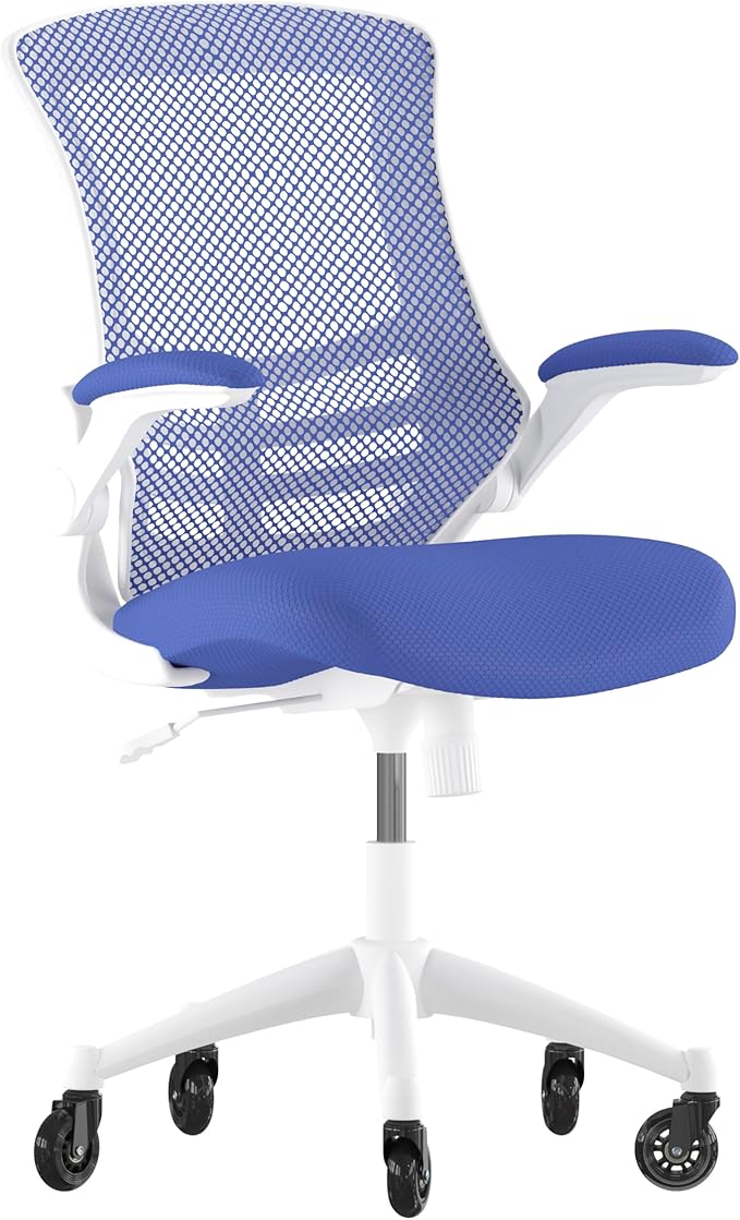 Flash Furniture Kelista Mid-Back Blue Mesh Swivel Ergonomic Task Office Chair with White Frame, Flip-Up Arms, and Transparent Roller Wheels