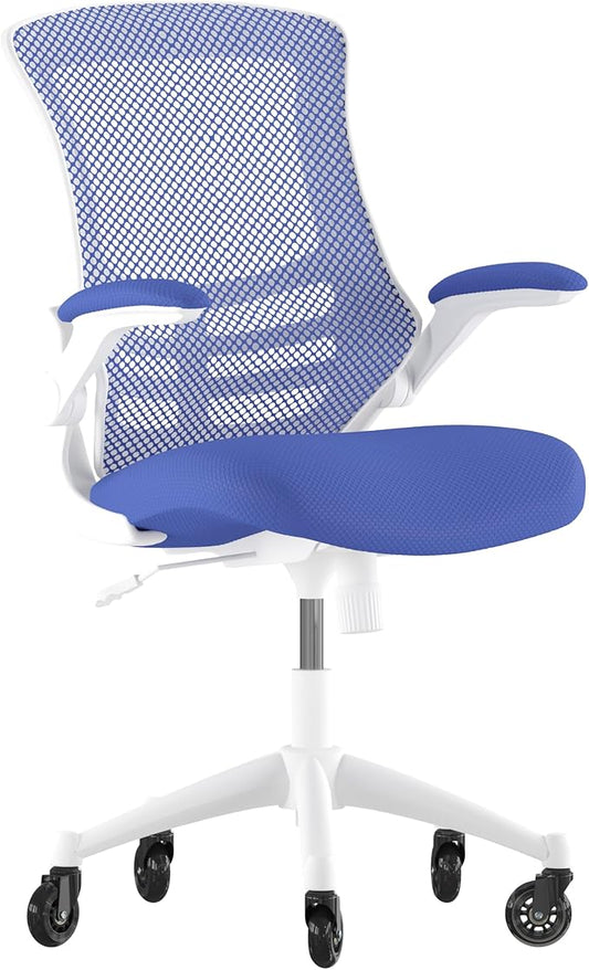 Flash Furniture Kelista Mid-Back Blue Mesh Swivel Ergonomic Task Office Chair with White Frame, Flip-Up Arms, and Transparent Roller Wheels