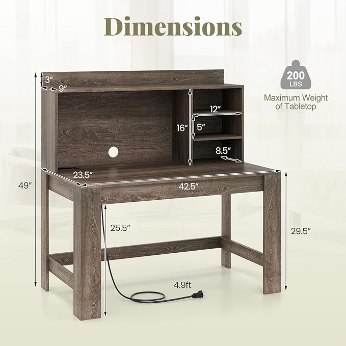 Giantex Computer Desk with Hutch, Modern Home Office Desk with Power Outlets, Storage Shelves & Cable Hole, Makeup Vanity Table, Study Writing Desk for Bedroom Office Small Space (Grey Oak)