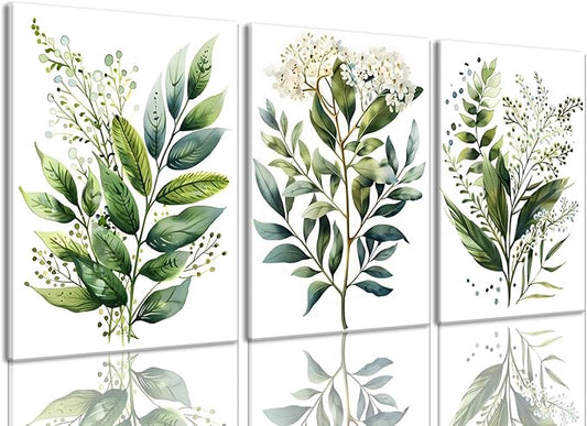 Bwodke Botanical Wall Art Plant Floral Watercolor Poster Canvas Prints Set of 3 Framed Sage Green Painting Eucalyptus Leaf Picture Modern Minimalist Home Decor Bedroom Bathroom Living Room 12"x16"