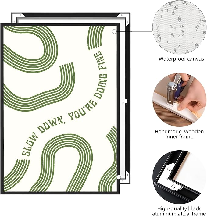 Slow Down You’re Doing Fine Wall Art Retro Minimalist Motivational Quote Music Poster Inspirational Midcentury Song Lyrics Sage Green Canvas Prints for Bedroom Home Decor 24x36inch Aluminum Framed