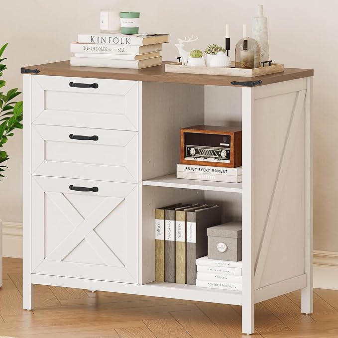 Farmhouse Lateral Filing Cabinet with 3 Drawers and Open Shelf, Lateral File Cabinet with with File Drawer for Letter/A4 Hanging File, Large Printer Stand for Home Office, Living Room, Rustic White
