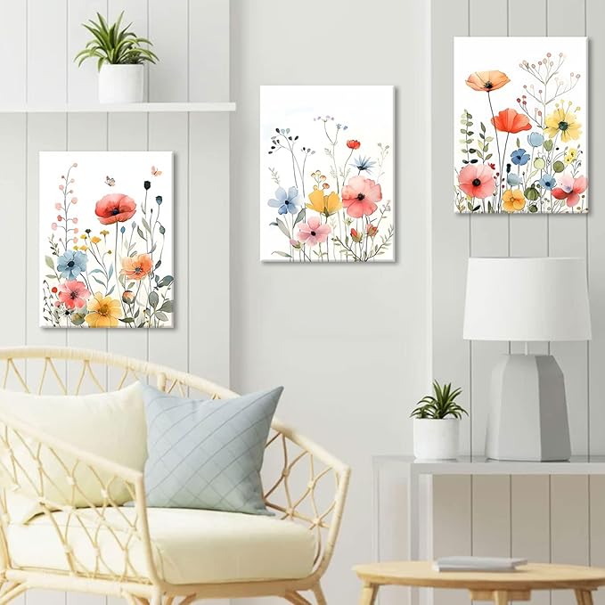 KISSFOX Framed Colorful Wildflower Canvas Wall Art Set Of 3 Flowers Pictures Prints Flowers Printing Floral Watercolors Flower wall Decor Living Room Girls Bedroom Bathroom