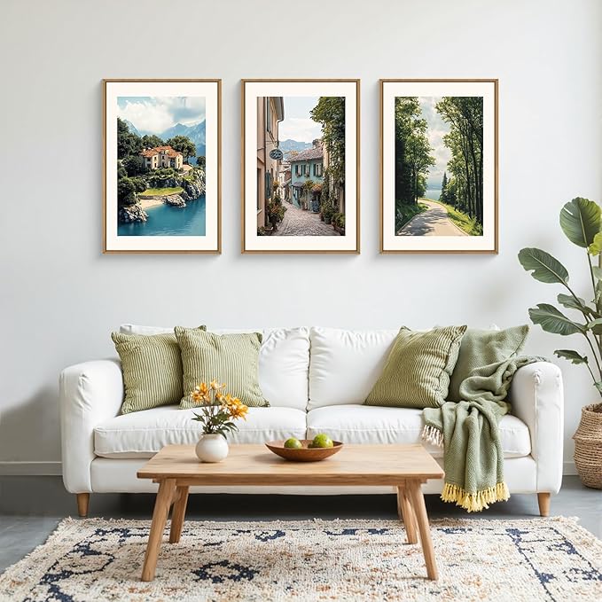 Large Vintage Italy City Coast Framed Canvas Wall Art,Modern French Country Street Wall Decor,Natural Town Tree Landscape Artwork for Living Room,Dining Room,Office -16"x24"x3