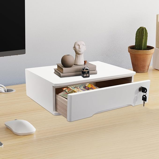 Wooden Desktop Storage Box with Lockable Drawers Office Supplies Drawer Organizer Receipt File Organizer Flat File Cabinet for Office Study Desk Front Desk (White, 1 Drawer)