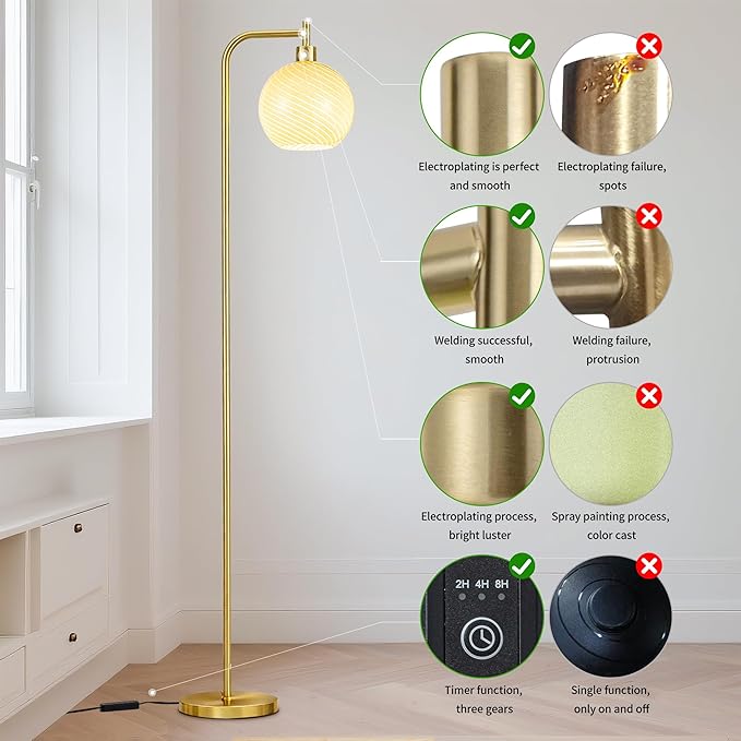 MAYNA Mid Century Modern Floor Lamp, Amber Ribbed Glass Standing Lamp with Built-in Timer Switch, Gold Tall Vintage Lamps for Living Room Bedroom, 2700K LED Bulb Included