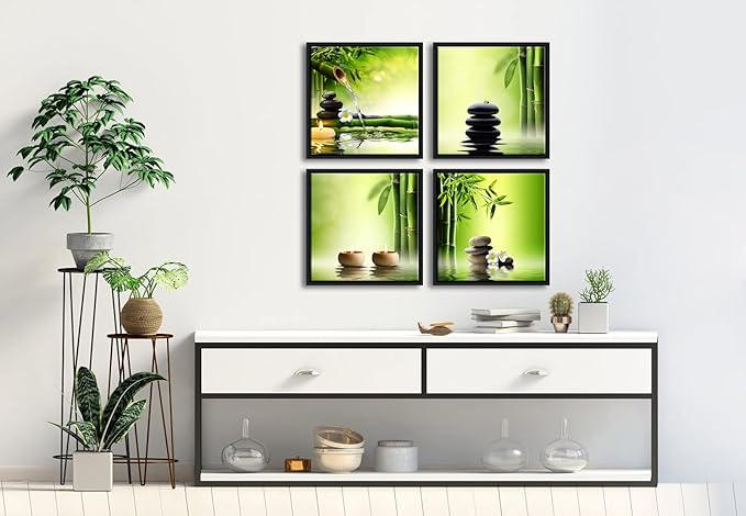 Pyradecor 4 Panels Framed Canvas Wall Art Contemporary Zen Canvas Prints Perfect Bamboo Green Pictures Paintings Artwork for Home Office Decorations