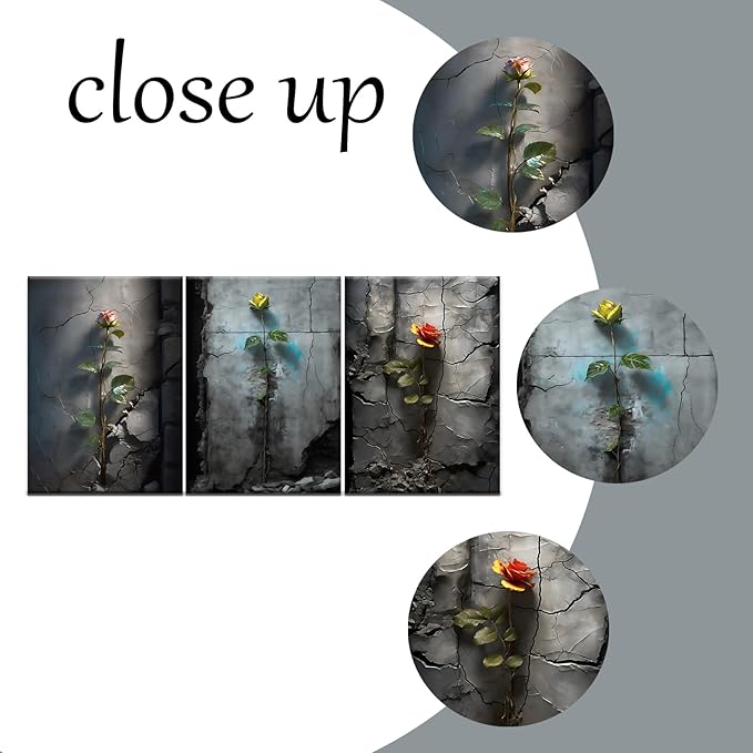 Floral Poster Wall Art Home Decor 3 Pieces Roses Growing in The Cracked Retro Wall Picture Print on Canvas Vintage Theme Painting Artwork for Living Room Office Gallery Ready to Hang [60''W x 28''H]