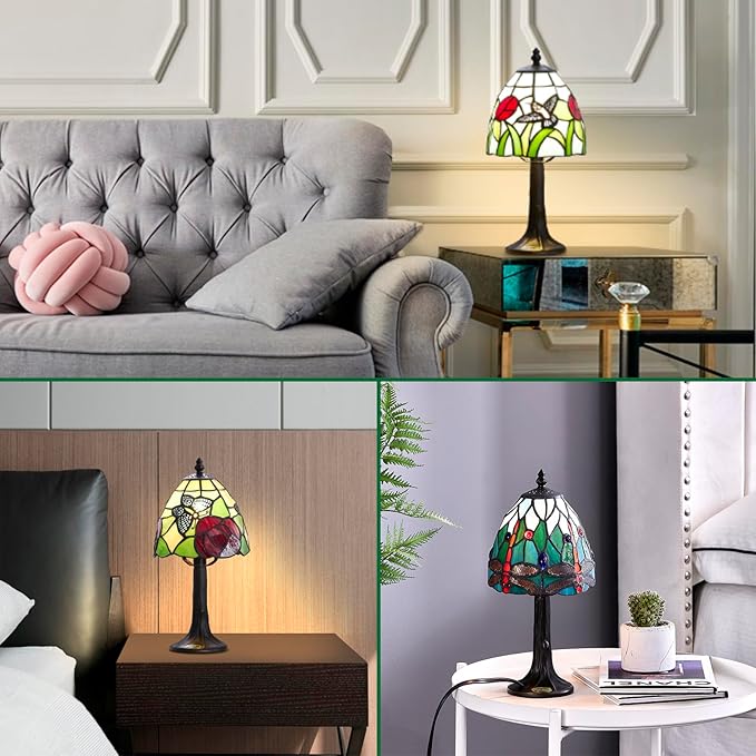 Dragonfly Stained Glass Mini Table Lamp, Handmade Tiffany Style Desk Light with LED Bulb, Easy Assembly, Heavy Stable Base for Bedroom, Living Room, Office & Study.